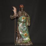 20"Tibetan Temple Collection Old Bronze Cloisonne Enamel Guan Gong Immortals Guan Yu Knife Deity Statue Worship Hall Town house