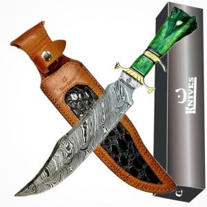 NoonKnives : Hand Made Damascus Steel Collectible gutt Bowie Knife Handle Camel Bone (green)