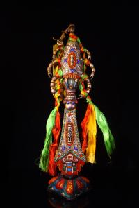 20"Tibetan Temple Collection Old Tiantie Mosaic Gem gZi Beads Shell Scorpion Skull Head Manjusri Sword Vajra Phurpa Town house