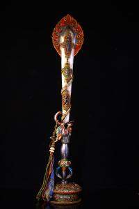 23"Old Xizang Folk Collection Old Tiantie Cinnabar Painted Dragon Head Manjushri Sword Vajra Phurpa Worship Hall Town house