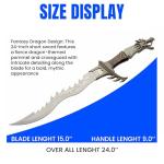 SZCO Dragon Fang Fantasy Sword – 24” Stainless Steel Short Sword with Jagged Spine, Dragon Pommel, Etched Blade, and Display Stand – Decorative Collectible Knife for Cosplay, LARP, Gifts, and Display