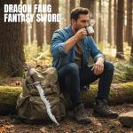 SZCO Dragon Fang Fantasy Sword – 24” Stainless Steel Short Sword with Jagged Spine, Dragon Pommel, Etched Blade, and Display Stand – Decorative Collectible Knife for Cosplay, LARP, Gifts, and Display