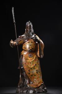 22"Tibetan Temple Collection Old Bronze Cloisonne Enamel Lifting knife Guan Yu Dragon pattern pennant Guan Erye Worship Hall