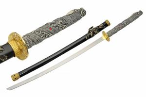 SZCO 42" Shining Dragon Samurai Sword – Handmade Highlander Japanese Katana with 1045 Carbon Steel Blade, Dragon Handle, Red Gem & Wood Scabbard – Collectible Japanese Sword for Display