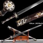 High Grade King Sword Folding Damascus Steel Blade Hand Carved Copper Gilded Silver Fitting Full Tang Collectibles Gift