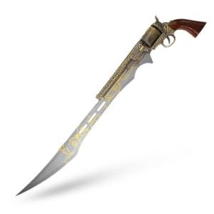 MASTER USA Civil War Collectible Decorative Revolver Sword, 27 Inch Overall Length, Stainless Steel Blade with Ornate Engravings, Pistol Design Handle, Includes Nylon Sheath - SMB-110SWD