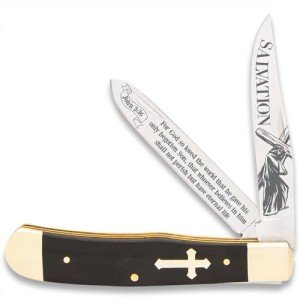 Salvation Trapper Pocket Knife | Spiritual-Themed Design with John 3:16 Etching | Mirror-Polished Stainless Steel Blades | Black Buffalo Horn Handle with Inlaid Cross | 4" Closed Length