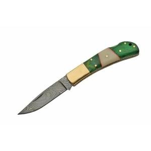 Damascus SZCO Handmade 4" Folding Knife – Green Wood & Bone Handle, Brass Bolster & Lockback Pocket Knife with Filework – EDC Hunting & Collector’s Knife
