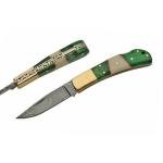 Damascus SZCO Handmade 4" Folding Knife – Green Wood & Bone Handle, Brass Bolster & Lockback Pocket Knife with Filework – EDC Hunting & Collector’s Knife