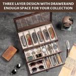 Yoimori Knife Display Case for15-22 Knives, 3-Layer Pocket Knife Case with Glass Lid & Drawer, Wood Knife Cases for Collections for Men Gift Ideas (Walnut)