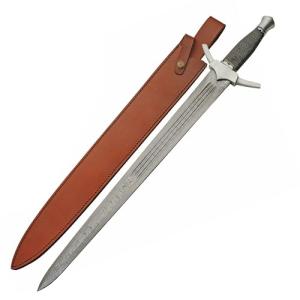 SANZ 25" Short Sword – Medieval Style Collectible Sword with Hand-Forged Damascus Steel Blade, Wire-Wrapped Handle, Steel Guard & Leather Sheath for Display, Reenactment & Cosplay Sword