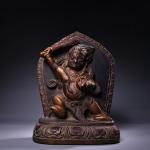 13"Tibetan Temple Collection Old Lapis Lazuli Outline in gold Painted sword Vajra Buddha Buddhist niche Worship Hall Town house