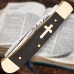 Salvation Trapper Pocket Knife | Spiritual-Themed Design with John 3:16 Etching | Mirror-Polished Stainless Steel Blades | Black Buffalo Horn Handle with Inlaid Cross | 4" Closed Length