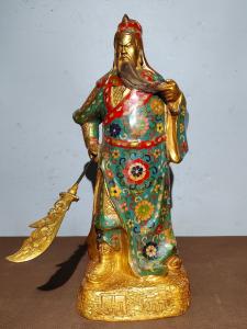 16"Tibetan Temple Collection Old Bronze Cloisonne Guan Yu God of Wealth Knife  Guan Yunchang Standing Buddha Worship Hall