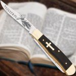 Salvation Trapper Pocket Knife | Spiritual-Themed Design with John 3:16 Etching | Mirror-Polished Stainless Steel Blades | Black Buffalo Horn Handle with Inlaid Cross | 4" Closed Length