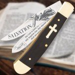 Salvation Trapper Pocket Knife | Spiritual-Themed Design with John 3:16 Etching | Mirror-Polished Stainless Steel Blades | Black Buffalo Horn Handle with Inlaid Cross | 4" Closed Length