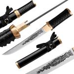 Handmade Royal Japanese Chrysanthemum Blade Tanto Short Katana Samurai Real 13 Inch 1065 Spring Steel Blade Steel Full Tang Traditional System Copper Koshigatana (Black)