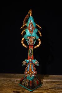 13"Tibetan Temple Collection Old Tiantie Mosaic Gem gZi Beads Turquoise Scorpion Manjusri Sword Vajra Phurba Base Worship Hall