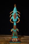 13"Tibetan Temple Collection Old Tiantie Mosaic Gem gZi Beads Turquoise Scorpion Manjusri Sword Vajra Phurba Base Worship Hall