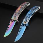 1Pcs Dragon Engraved High-Quality Survival Camping Knife with Blue/Red Handle, Pocket Clip for Outdoor and Collection,EDC Outdoo