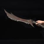 25-inch Skyrim Demon Sword Flame Knife with Wooden Display Stand, 65 Manganese Steel Full Tang Knife, Suitable for Role Playing and Display