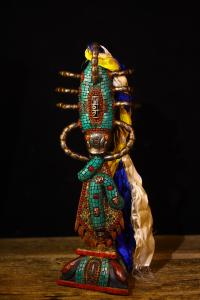 16"Tibetan Temple Collection Old Tiantie Mosaic Gem gZi Beads Turquoise Scorpion Statue Sword Vajra Phurpa Base Worship Hall