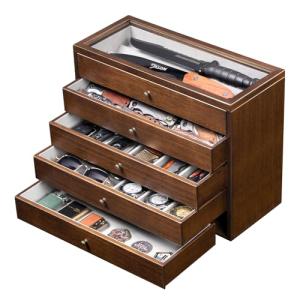 5-Tier Large Knife Display Case & Organizer, Wooden Pocket Knife Storage Box with Transparent Lid, Collector-Grade Holder for Folding Knives and Daggers, Ideal Men‘s Gift