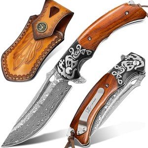 LOTHAR RHAEGAL Damascus Pocket Knife for Men, Handmade Forged VG10 Damascus Folding Knife with Sandalwood, Retro Leather Sheath, Pocket Clip, Men Gifts for Birthday, Christmas, Father's Day, Valentines Day (Yellow Sandalwood)