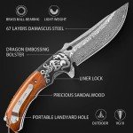 LOTHAR RHAEGAL Damascus Pocket Knife for Men, Handmade Forged VG10 Damascus Folding Knife with Sandalwood, Retro Leather Sheath, Pocket Clip, Men Gifts for Birthday, Christmas, Father's Day, Valentines Day (Yellow Sandalwood)