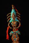 18"Old Xizang Folk Collection Old Tiantie Painted Mosaic Gem gZi Beads Turquoise Scorpion Statue Skull Sword Vajra Skull Base