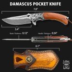 LOTHAR RHAEGAL Damascus Pocket Knife for Men, Handmade Forged VG10 Damascus Folding Knife with Sandalwood, Retro Leather Sheath, Pocket Clip, Men Gifts for Birthday, Christmas, Father's Day, Valentines Day (Yellow Sandalwood)