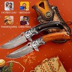 LOTHAR RHAEGAL Damascus Pocket Knife for Men, Handmade Forged VG10 Damascus Folding Knife with Sandalwood, Retro Leather Sheath, Pocket Clip, Men Gifts for Birthday, Christmas, Father's Day, Valentines Day (Yellow Sandalwood)