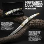 SZCO Luxury 4.75" Folding Pocket Knife for Men – Collectible EDC Folding Knife with Stainless Steel Blade, Mother of Pearl & Abalone Handle, Brass Bolster & Gift Box
