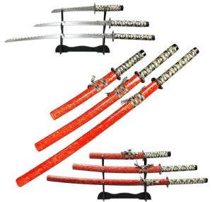 3-Piece Samurai Sword Set with Stand – Red Lacquer Scabbard Katana, Wakizashi & Tanto, 1095 Carbon Steel Blades, Perfect for Display, Cosplay, Martial Arts Practice & Gift Collection