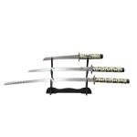 3-Piece Samurai Sword Set with Stand – Red Lacquer Scabbard Katana, Wakizashi & Tanto, 1095 Carbon Steel Blades, Perfect for Display, Cosplay, Martial Arts Practice & Gift Collection
