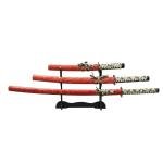 3-Piece Samurai Sword Set with Stand – Red Lacquer Scabbard Katana, Wakizashi & Tanto, 1095 Carbon Steel Blades, Perfect for Display, Cosplay, Martial Arts Practice & Gift Collection