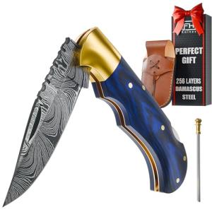 Handmade Damascus Pocket Knife for Men - 6.5 Inch Damascus Knife with Sheath - Damascus Folding Knife - Damascus Hunting Knife - Damascus Steel Pocket Knives with Back Lock for EDC, Camping, Hiking