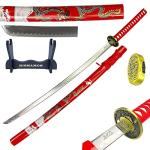 Bishamon 42.5" Samurai Sword with Carbon Steel Blade and Dragon Design Scabbard – Includes Wooden Display Stand – Decorative Collectible Katana (Red)
