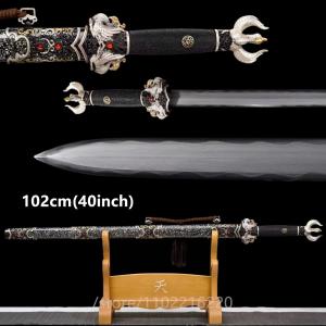 Excellent Battle Sword HandForged Damascus Steel Blade Carved Copper Gilded Silver Fittings Full Tang Shell Sheath Collectibles