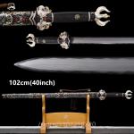 Excellent Battle Sword HandForged Damascus Steel Blade Carved Copper Gilded Silver Fittings Full Tang Shell Sheath Collectibles