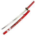 Bishamon 42.5" Samurai Sword with Carbon Steel Blade and Dragon Design Scabbard – Includes Wooden Display Stand – Decorative Collectible Katana (Red)