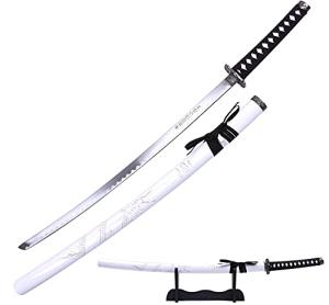 40" Japanese Samurai Sword Katana Carbon Steel Blade Dragon Engraved Wooden Sheath w/Stand - White