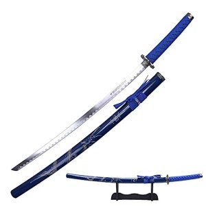 40" Japanese Samurai Sword Katana Carbon Steel Blade Dragon Engraved Wooden Sheath w/Stand - Blue