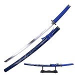 40" Japanese Samurai Sword Katana Carbon Steel Blade Dragon Engraved Wooden Sheath w/Stand - Blue