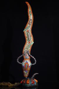 25" Old China Collections  Old Tiantie Painted Mosaic Gem gZi Beads Shell Scorpion Statue Manjushri Sword Vajra Worship Hall