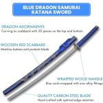 SZCO 40” Blue Dragon Samurai Katana Sword – Carbon Steel Blade with Wooden Scabbard – Cord Wrapped Handle – Japanese Ninja Sword for Display, Martial Arts, Cosplay, Gift or Collection