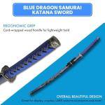 SZCO 40” Blue Dragon Samurai Katana Sword – Carbon Steel Blade with Wooden Scabbard – Cord Wrapped Handle – Japanese Ninja Sword for Display, Martial Arts, Cosplay, Gift or Collection
