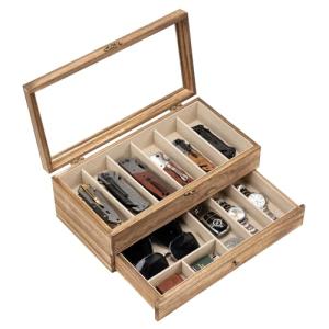 Yoimori Knife Display Case for 9-15 Knives, 2-Layer Pocket Knife Case with Glass Lid & Drawer, Wood Knife Cases for Collections for Men Gift Ideas (Brown)