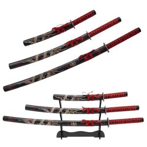 Real Katana Japanese Samurai Sword 3-Piece Set,Handmade Heat Tempered Full Tang 1060 High Carbon Steel red