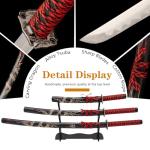 Real Katana Japanese Samurai Sword 3-Piece Set,Handmade Heat Tempered Full Tang 1060 High Carbon Steel red